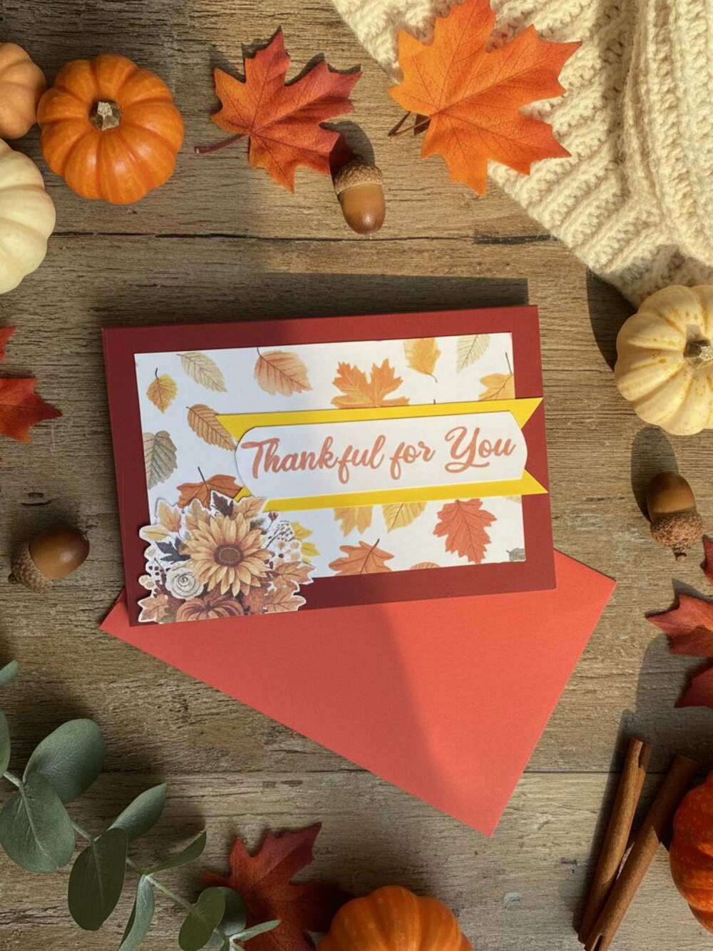 Fall Floral "Thankful for You" Handmade Card with Envelope | Thanksgiving Card